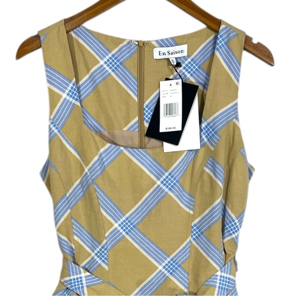 EN SAISON NWT Isla Embroidered Plaid Mini Dress M Belted Eyelet Blue Beige Tan - Picture 8 of 11